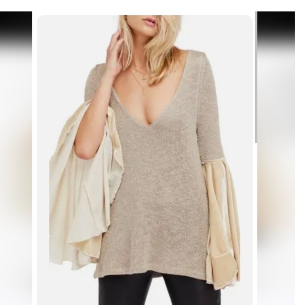 Free People Celestial Velvet Bell Sleeve Sweater Beige Metallic V-Neck Large